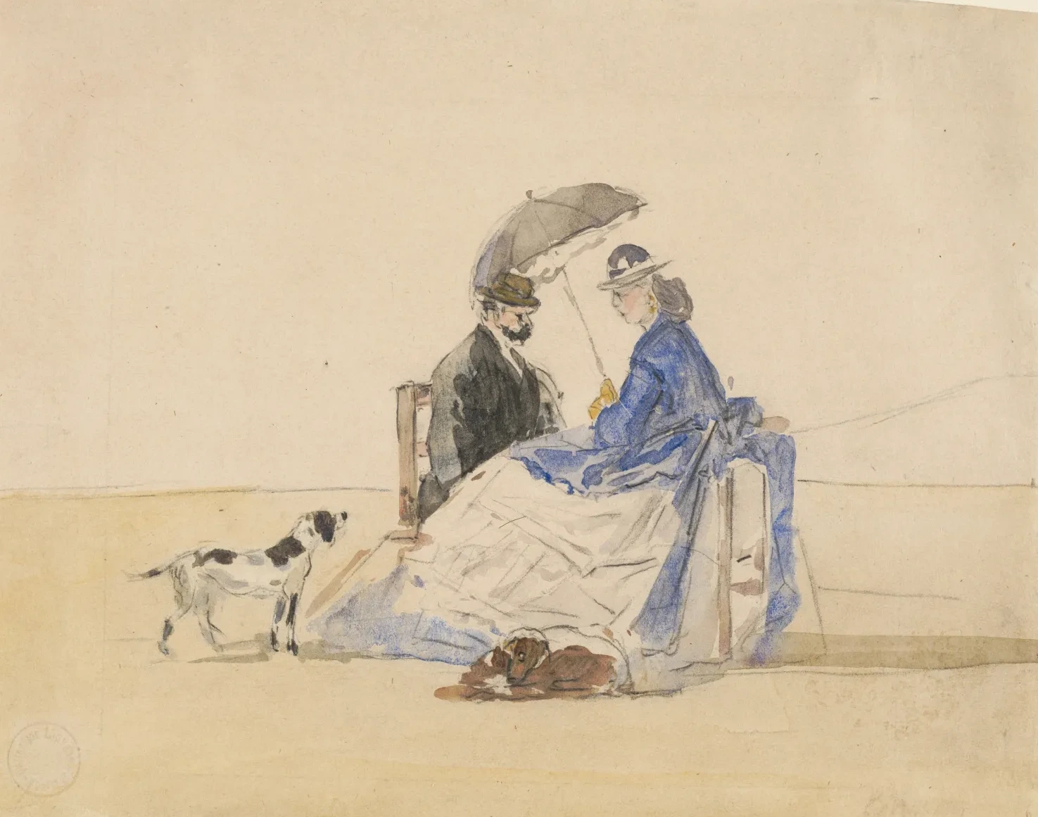 Un couple assis sur la plage avec deux chiens, Eugène Boudin