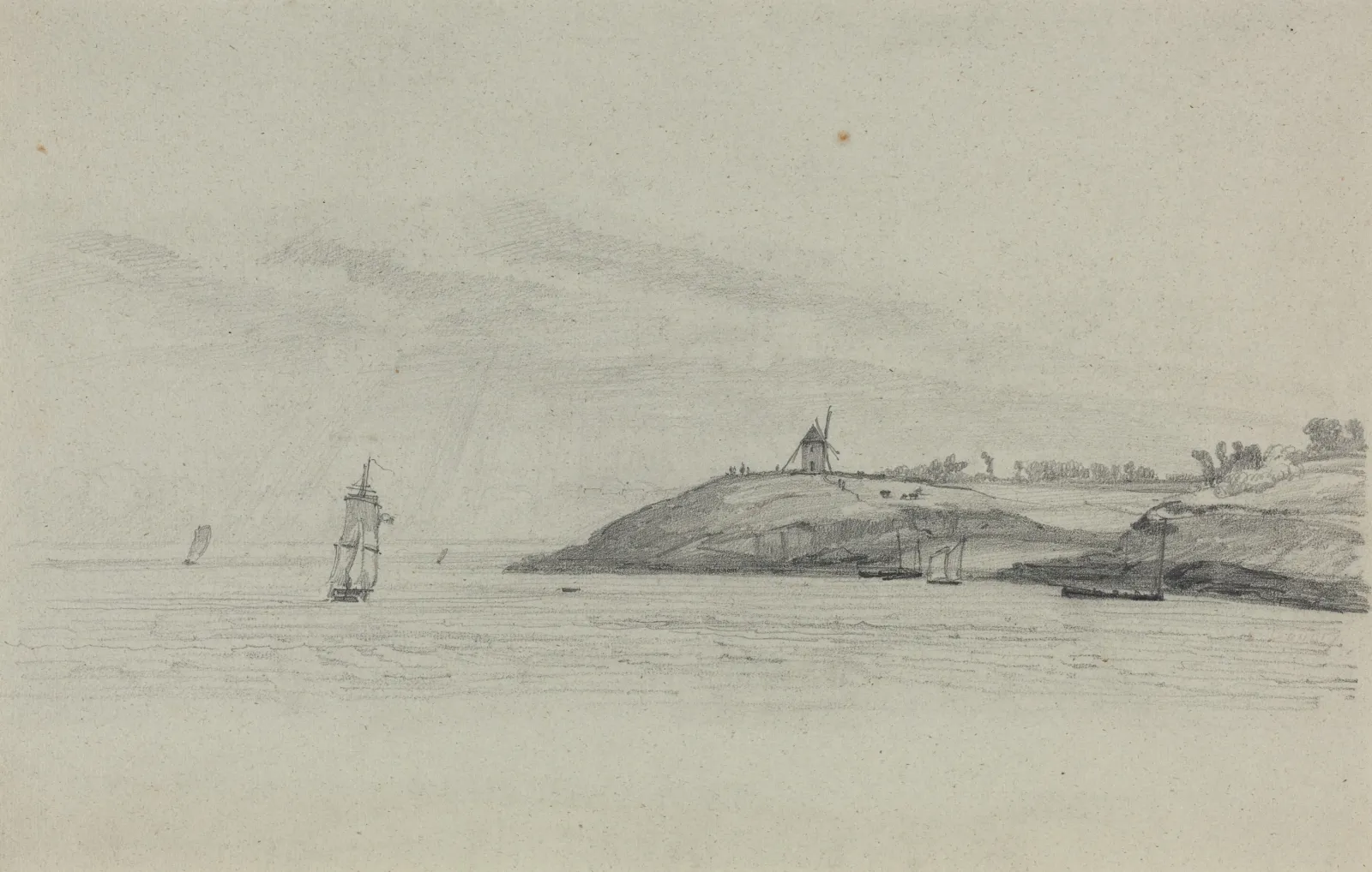 Paysage côtier avec navires ; moulin à vent au loin, Eugène Boudin