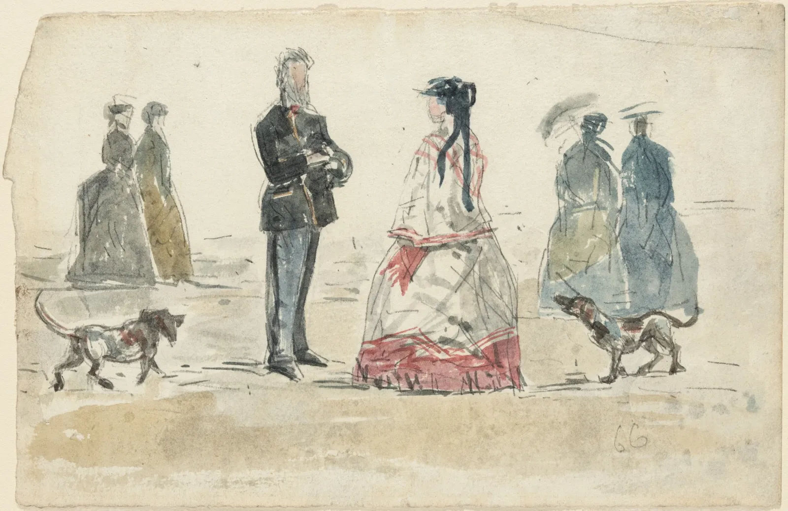 Ladies and Gentleman Walking on the Beach with Two Dogs, Eugène Boudin