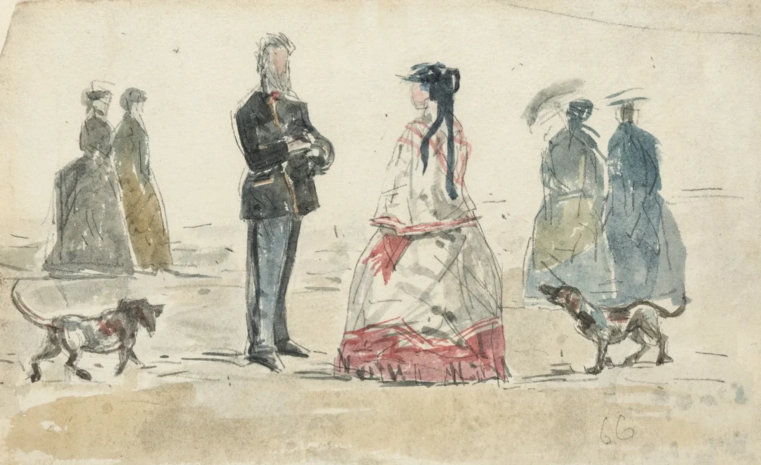 Ladies and Gentleman Walking on the Beach with Two Dogs, Eugène Boudin