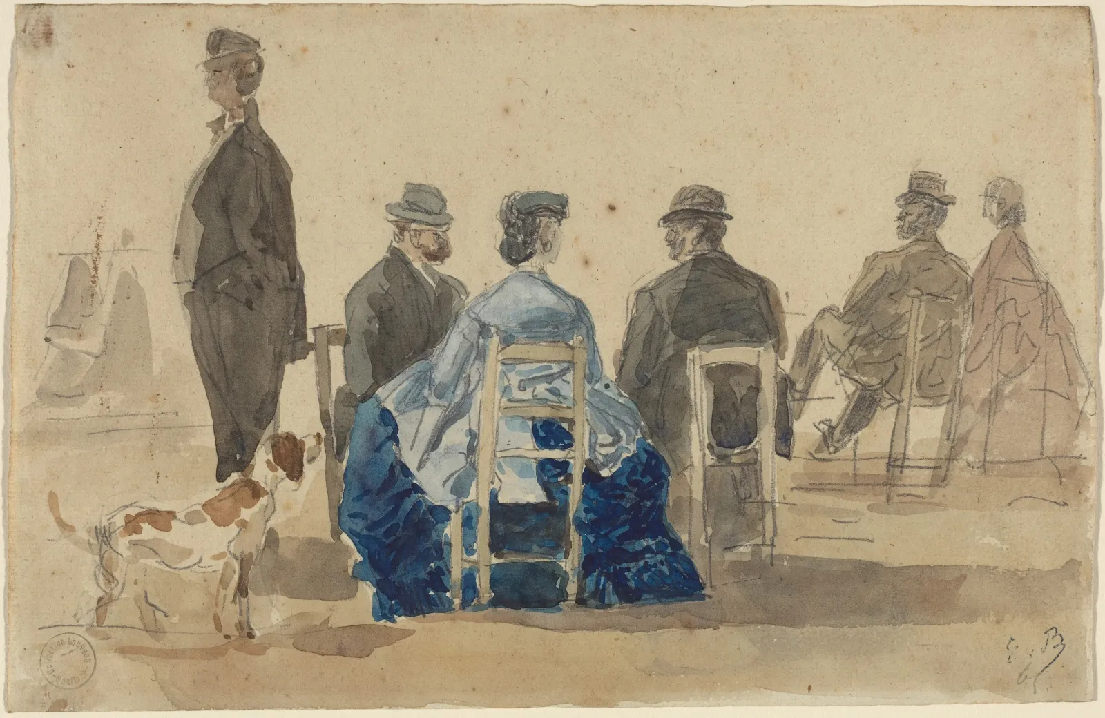 Ladies and Gentlemen Seated on the Beach with a Dog, Eugène Boudin