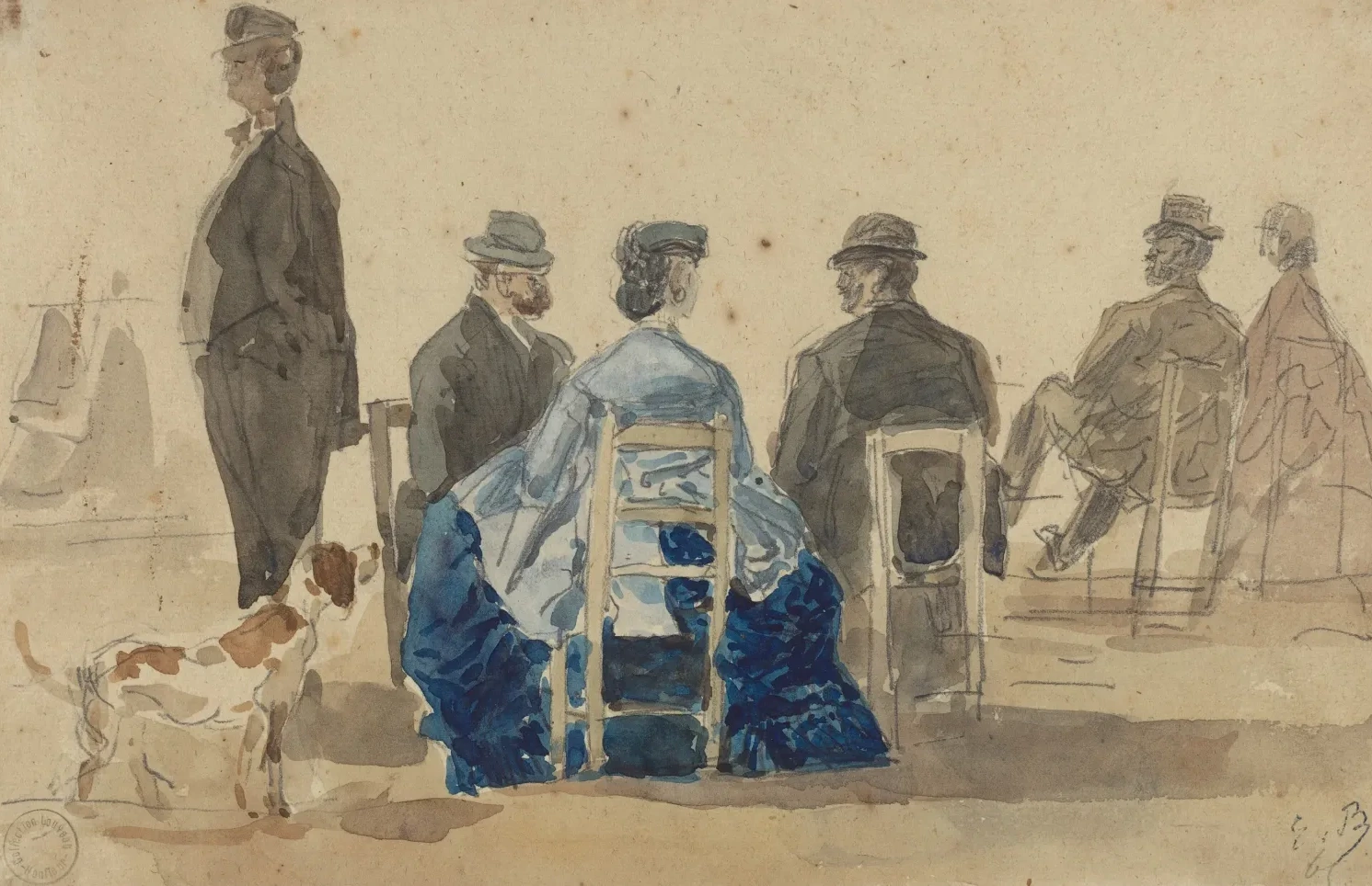 Ladies and Gentlemen Seated on the Beach with a Dog, Eugène Boudin