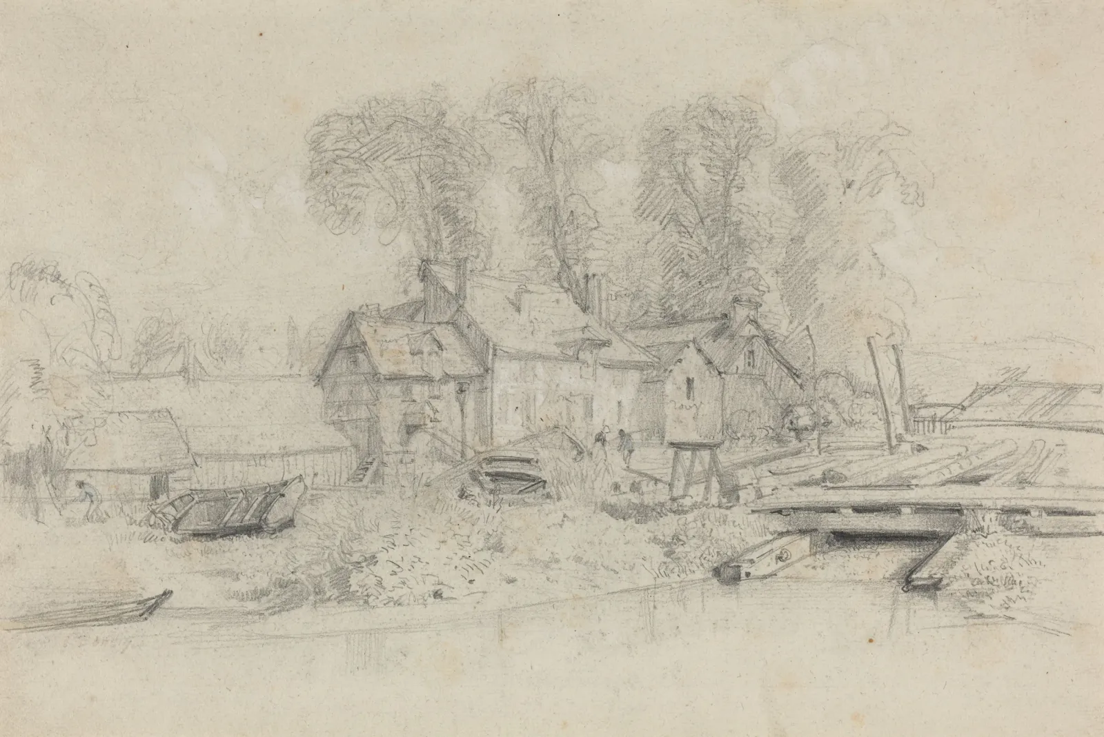 River Landscape with Buildings, Boats, and Figures, Eugène Boudin