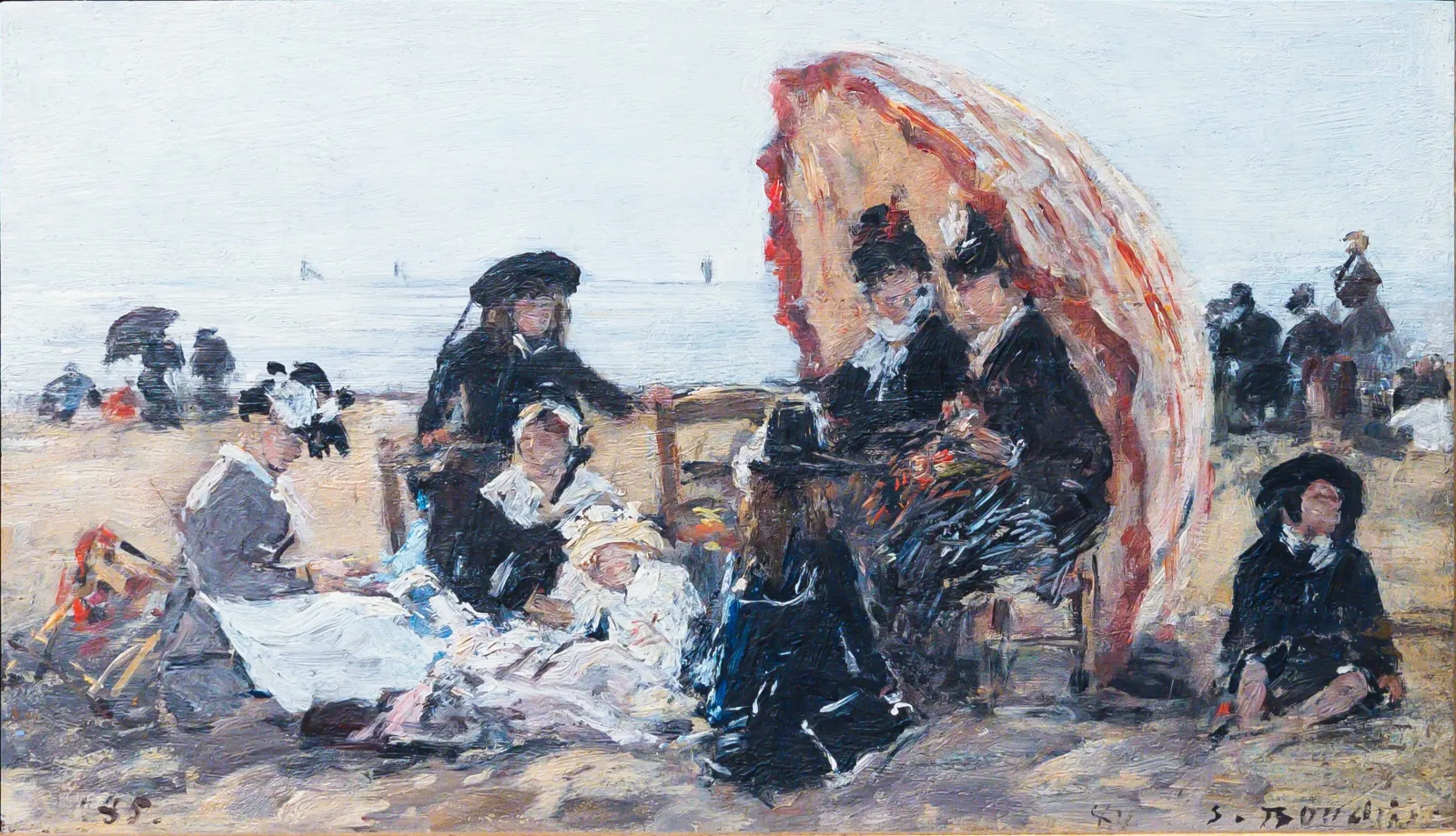 Sur la plage de Trouville, à l’abri du parasol rouge, Eugène Boudin