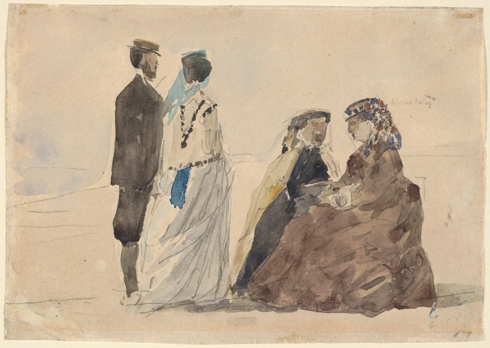 Two Ladies Seated and a Couple Walking on the Beach, Eugène Boudin