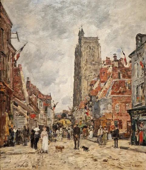 Abbeville, la rue et l'église Saint-Vulfran