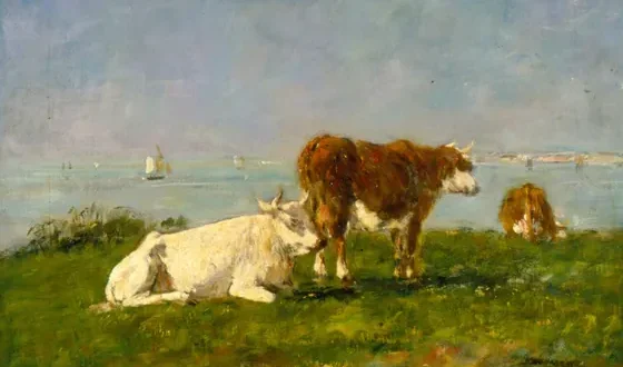 Cows grazing by the sea