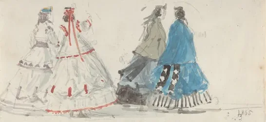 Four Ladies in Crinolines Walking at Trouville