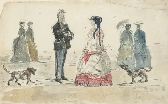 Dames et monsieur se promenant sur la plage avec deux chiens — Eugène Boudin