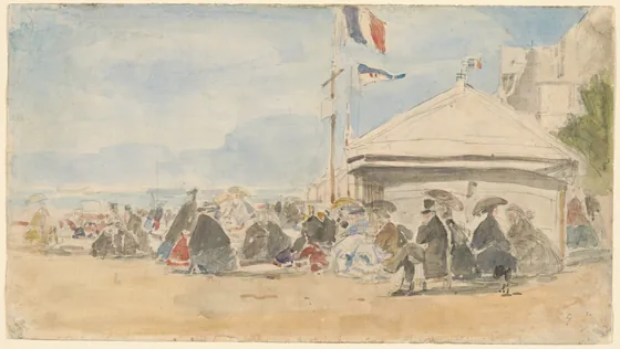 Maison de plage aux drapeaux à Trouville vers 1865.