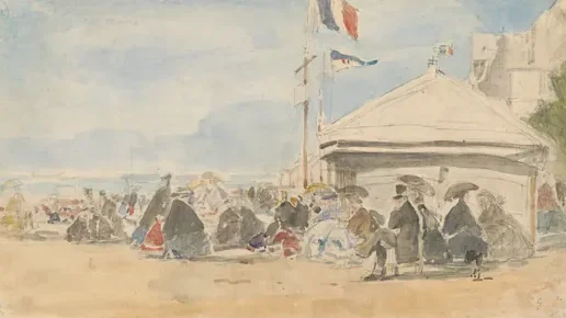 Maison de plage aux drapeaux à Trouville vers 1865.