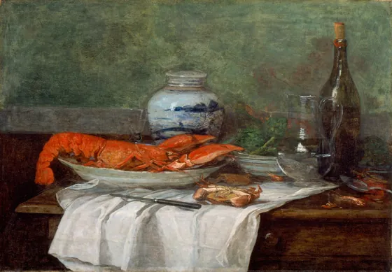 Nature morte au homard sur une nappe blanche