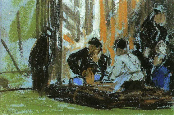 Personnages assis devant un bâtiment de la Ferme Saint-Siméon, Honfleur