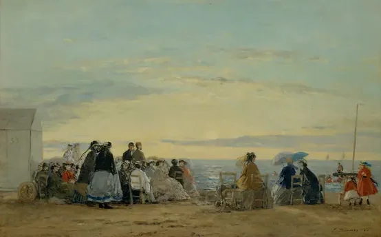 Sur la plage, coucher de soleil — Eugène Boudin