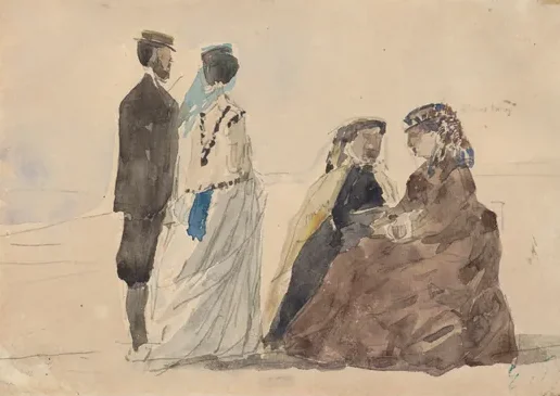 Two Ladies Seated and a Couple Walking on the Beach