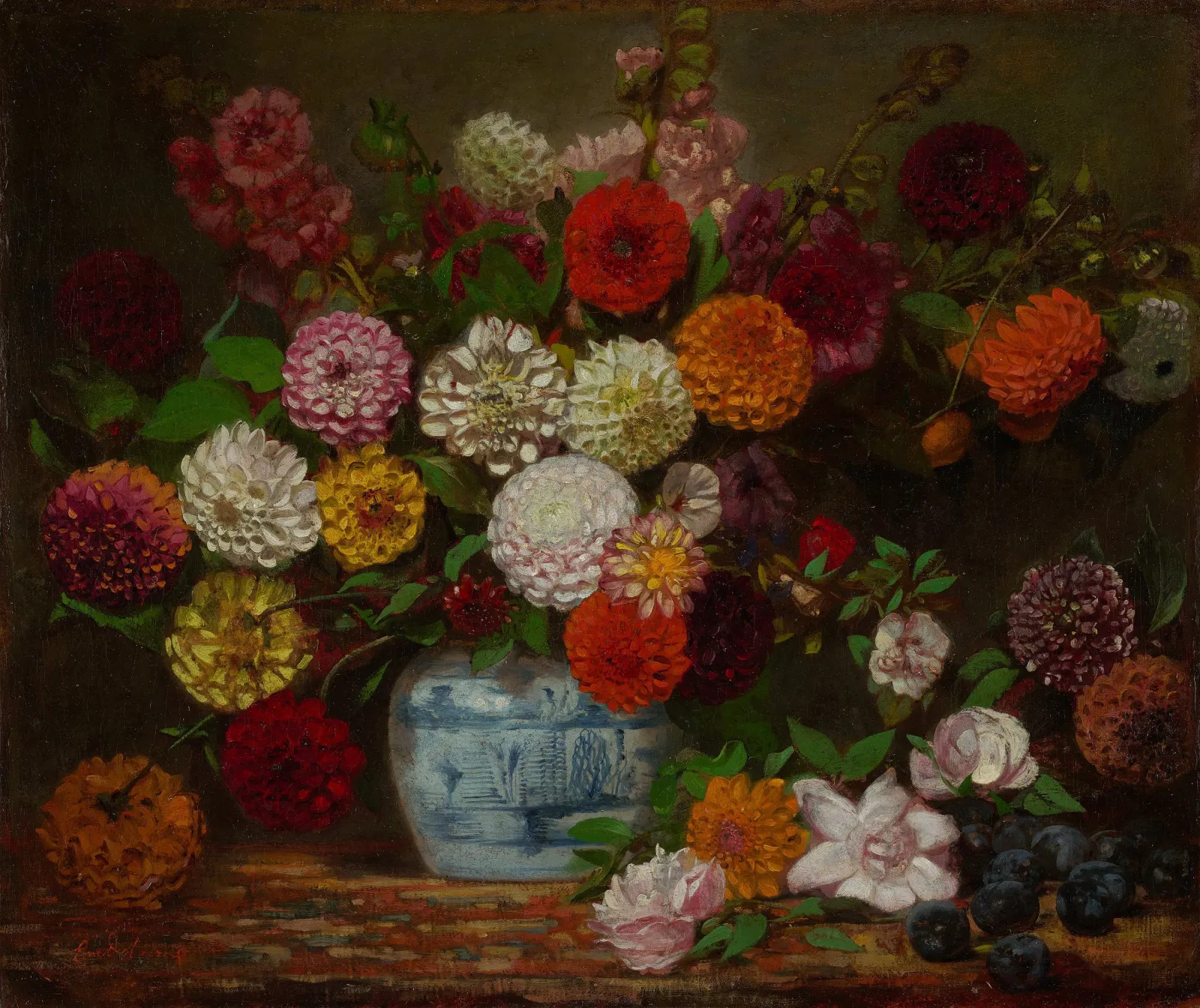 Still Life with Dahlias, Zinnias, Hollyhocks and Plums, Eugène Delacroix