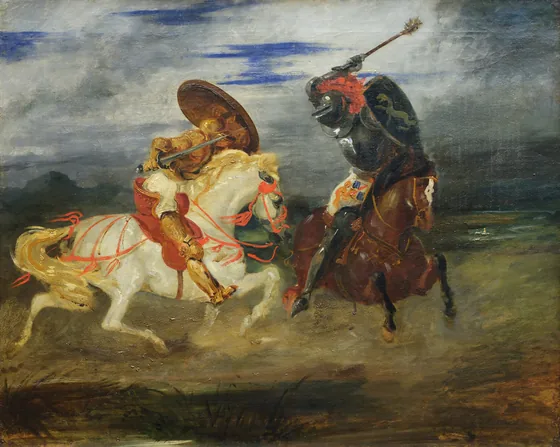 Combat de chevaliers dans la campagne