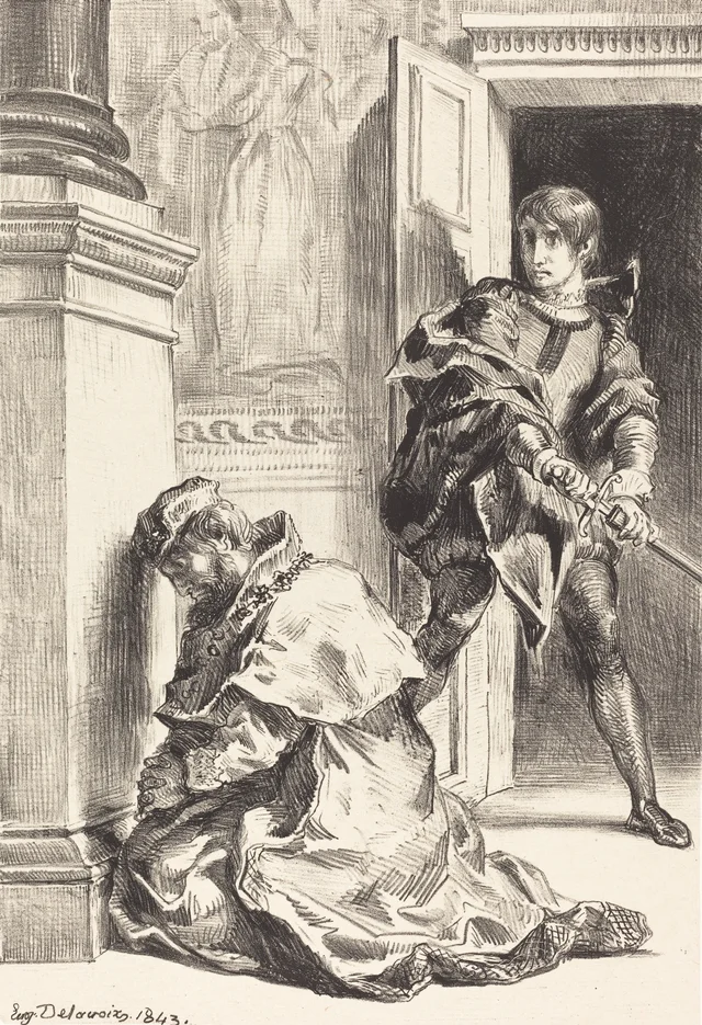 Hamlet tentado de matar al rey (acto III, escena III), Eugène Delacroix