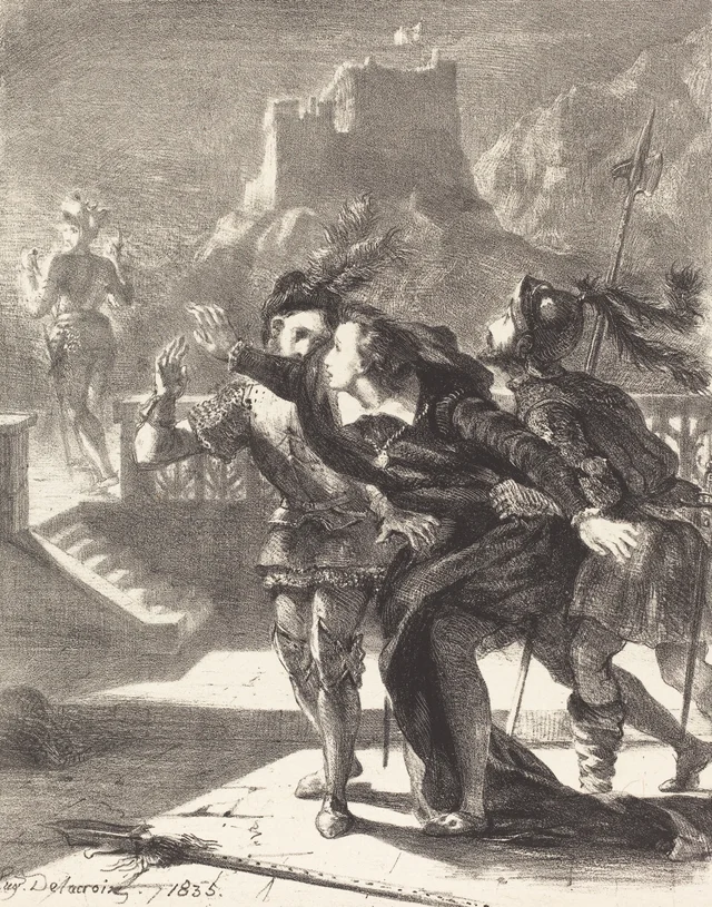 Hamlet quiere seguir al espectro de su padre (acto I, escena IV), Eugène Delacroix