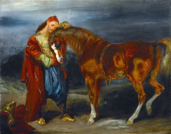 Jeune Turc caressant son cheval