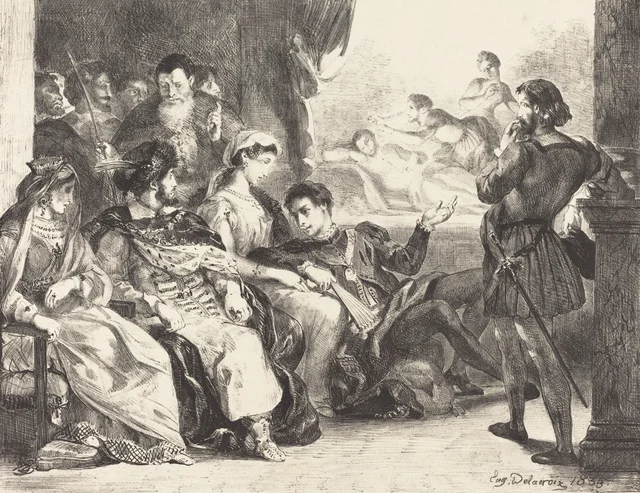 Cómicos representando el envenenamiento del padre de Hamlet (acto III, escena II)