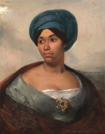 Portrait d'une femme coiffée d'un turban bleu