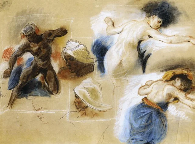 Estudios para el esclavo tendido en el lecho de Sardanápalo y el etíope, Eugène Delacroix