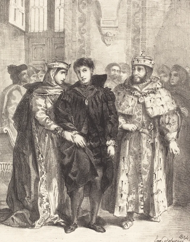La reina intenta consolar a Hamlet (acto I, escena II), Eugène Delacroix