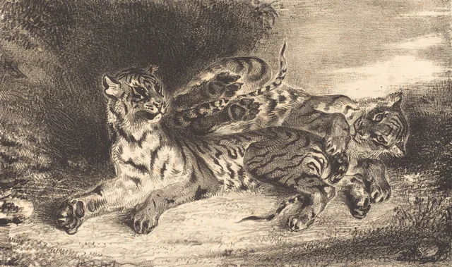 Joven tigre jugando con su madre