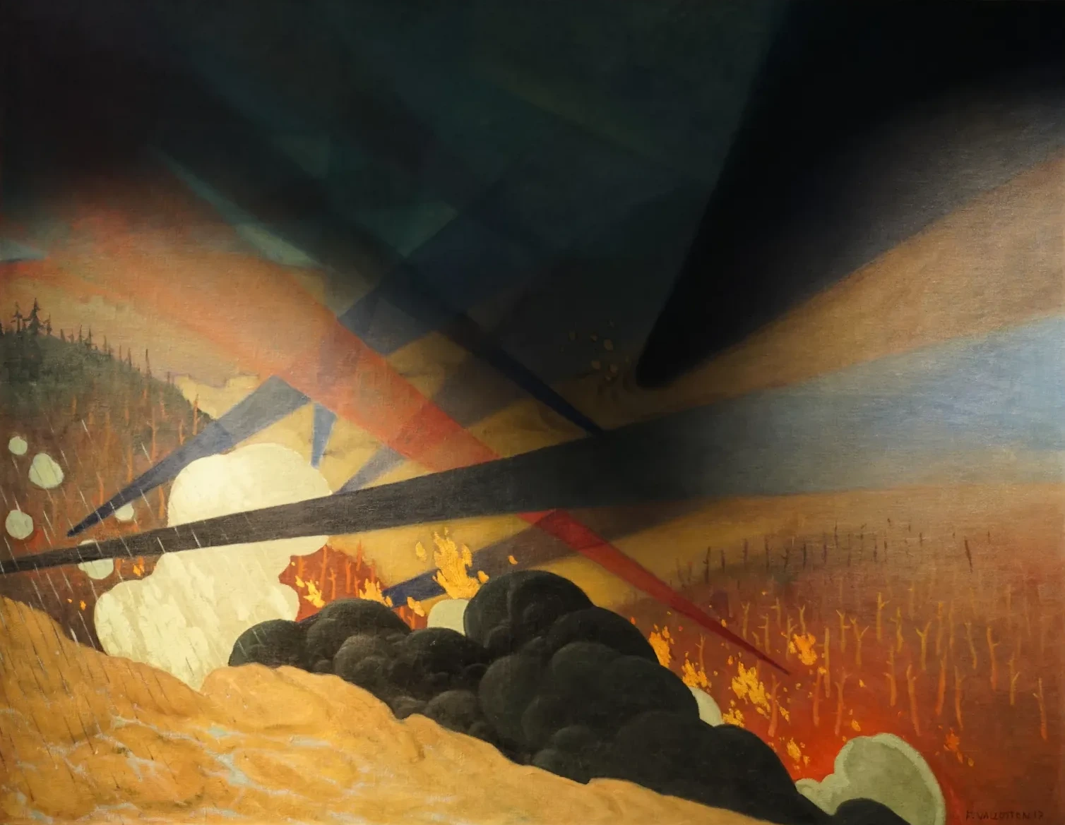 Verdún, cuadro de guerra interpretado, proyecciones coloreadas negras, azules y rojas, terrenos devastados, nubes de gas, Félix Vallotton