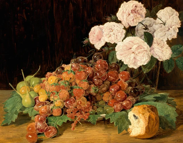 Still Life with Roses, Strawberries and Bread, Ferdinand Georg Waldmüller