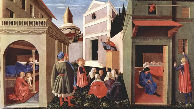 Scenes from the Life of Saint Nicholas: His Birth, His Vocation and the Gift to Three Poor Maidens, Fra Angelico