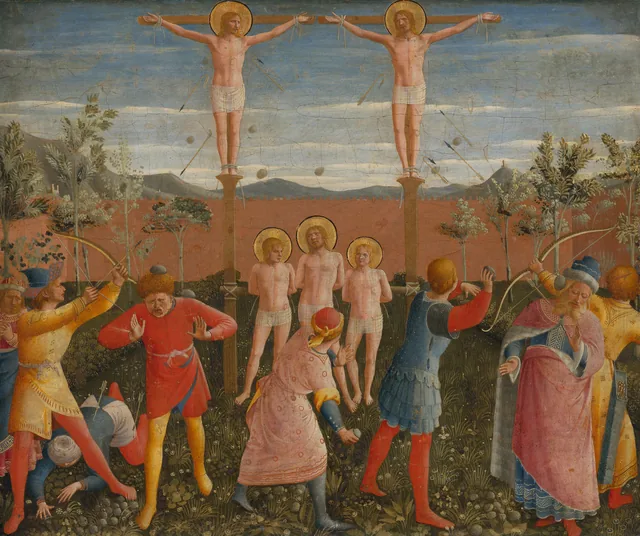 Saint Côme, saint Damien et leurs frères crucifiés, lapidés et percés de flèches, Fra Angelico
