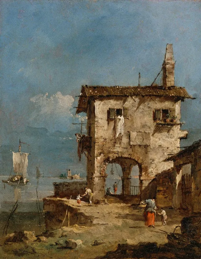 Capriccio with a Ruined Church, a Rustic House and Figures on the Lagoon Shore, Francesco Guardi