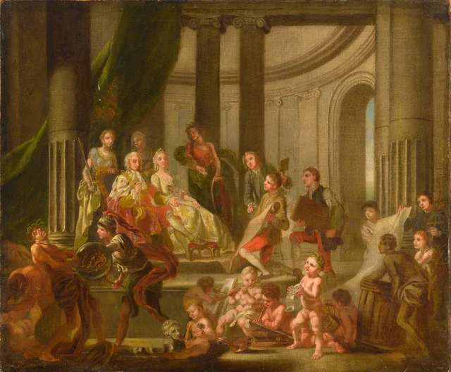As Musas homenageando Frederico, príncipe de Gales, e a princesa Augusta, ou Os artistas apresentando um plano de academia, Francis Hayman