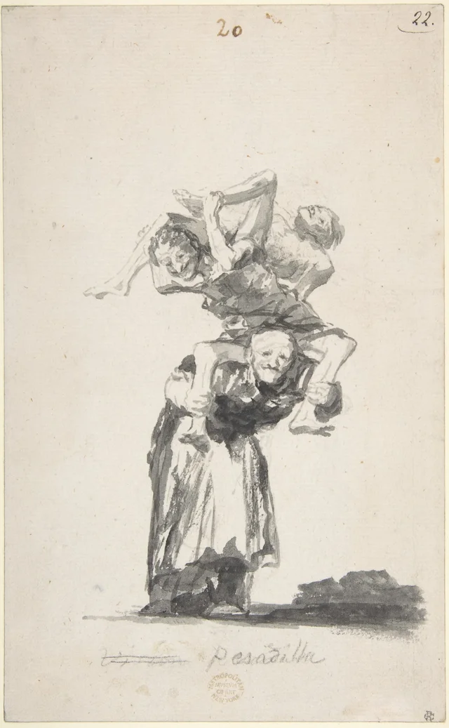 'Nightmare'; an old woman carrying figures on her back; page 20 from the Witches and Old Women Album (D), Francisco de Goya