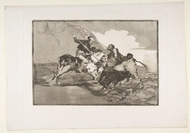 La Tauromachie, planche 1 : Manière dont les anciens Espagnols chassaient les taureaux à cheval en rase campagne, Francisco de Goya