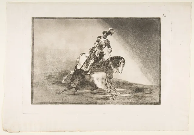La Tauromachie, planche 10 : Charles Quint lançant la pique à un taureau dans l'arène de Valladolid, Francisco de Goya