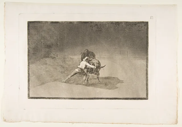 La Tauromachie, planche 15 : Le fameux Martincho pose les banderilles en jouant le taureau du mouvement de son corps, Francisco de Goya