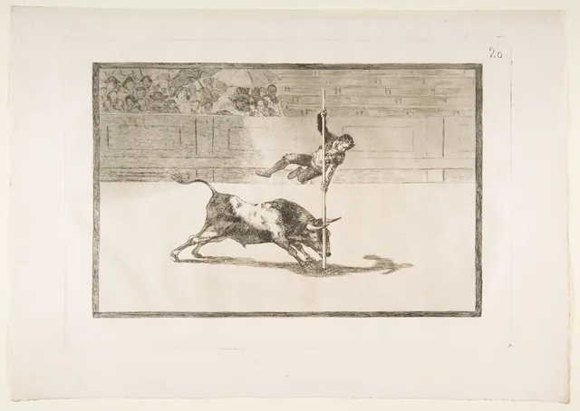 La Tauromachie, planche 20 : L'agilité et l'audace de Juanito Apiñani dans l'arène de Madrid, Francisco de Goya