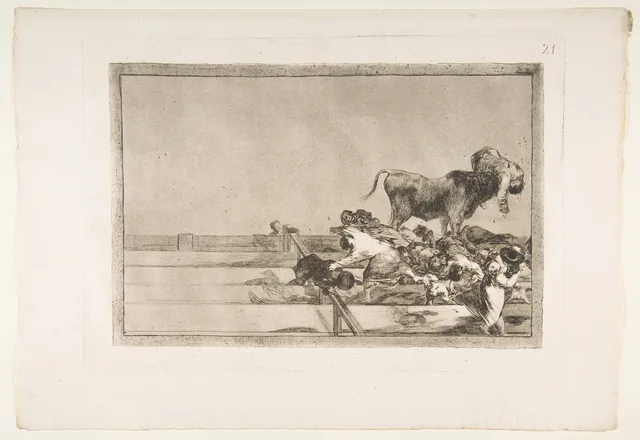 La Tauromachie, planche 21 : Événements funestes aux premiers rangs de l'arène de Madrid et mort du maire de Torrejón, Francisco de Goya