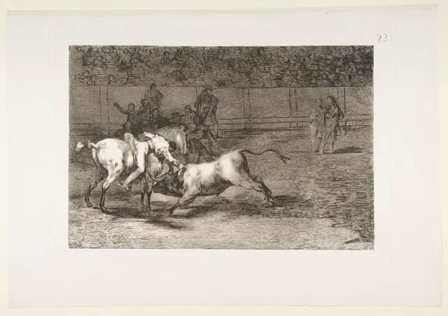 La Tauromachie, planche 23 : Mariano Ceballos, dit l'Indien, tue le taureau depuis son cheval, Francisco de Goya
