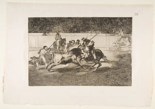 La Tauromachie, planche 28 : Le robuste Rendón pique un taureau, passe dont il mourut dans l'arène de Madrid, Francisco de Goya