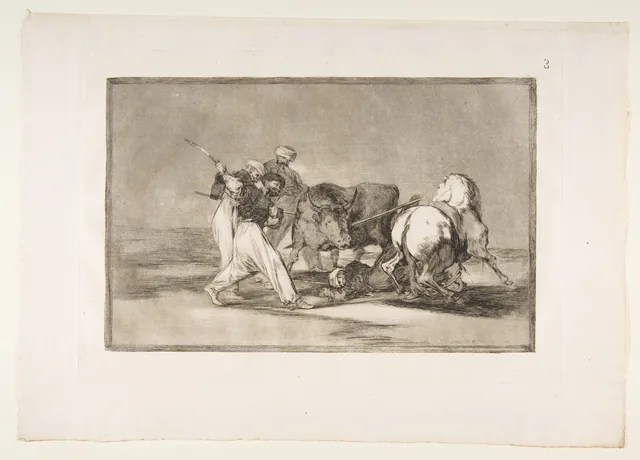 Plate 3 from " La Tauromaquia": The Moors settled in Spain, giving up the superstitions of the Koran, adopted this art of hunting, and spear a bull in the open, Francisco de Goya