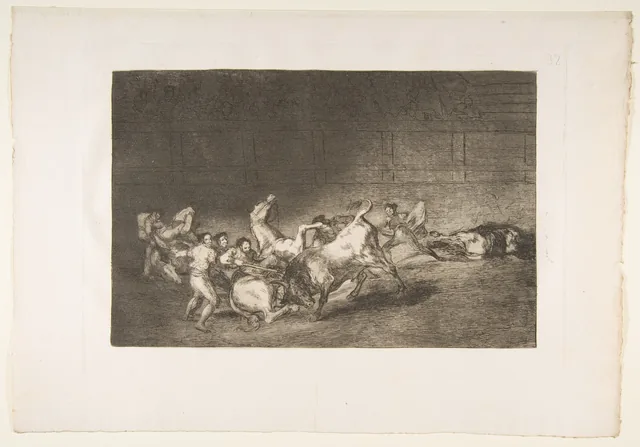 La Tauromachie, planche 32 : Deux équipes de picadors renversés l'un après l'autre par un seul taureau, Francisco de Goya