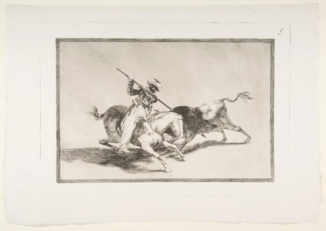 La Tauromachie, planche 5 : Le vaillant Maure Gazul est le premier à lancer la pique aux taureaux selon les règles, Francisco de Goya