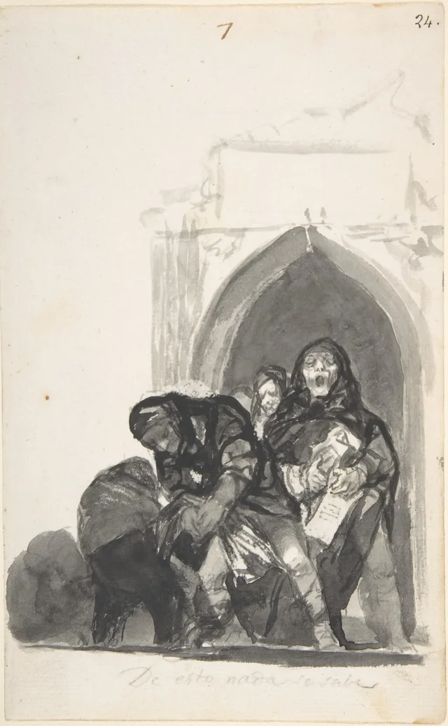 On n'en sait rien : deux figures ramassant un corps devant une église (album à bordure noire), Francisco de Goya
