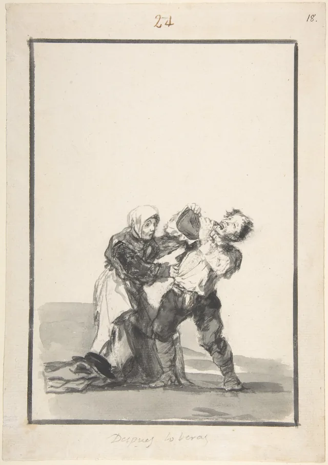 You'll See Later; a man drinking, a woman trying to stop him; page 24 from the "Black Border Album" (E), Francisco de Goya