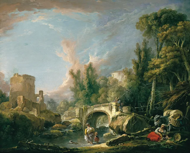 River Landscape with Ruin and Bridge, François Boucher