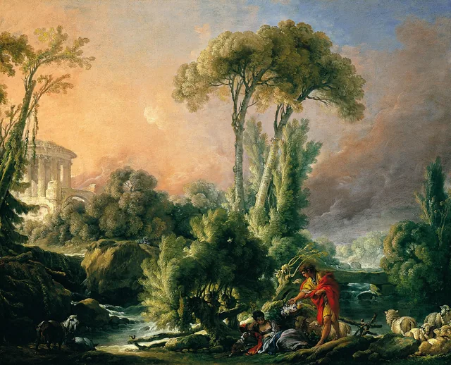 River Landscape with an Antique Temple, François Boucher
